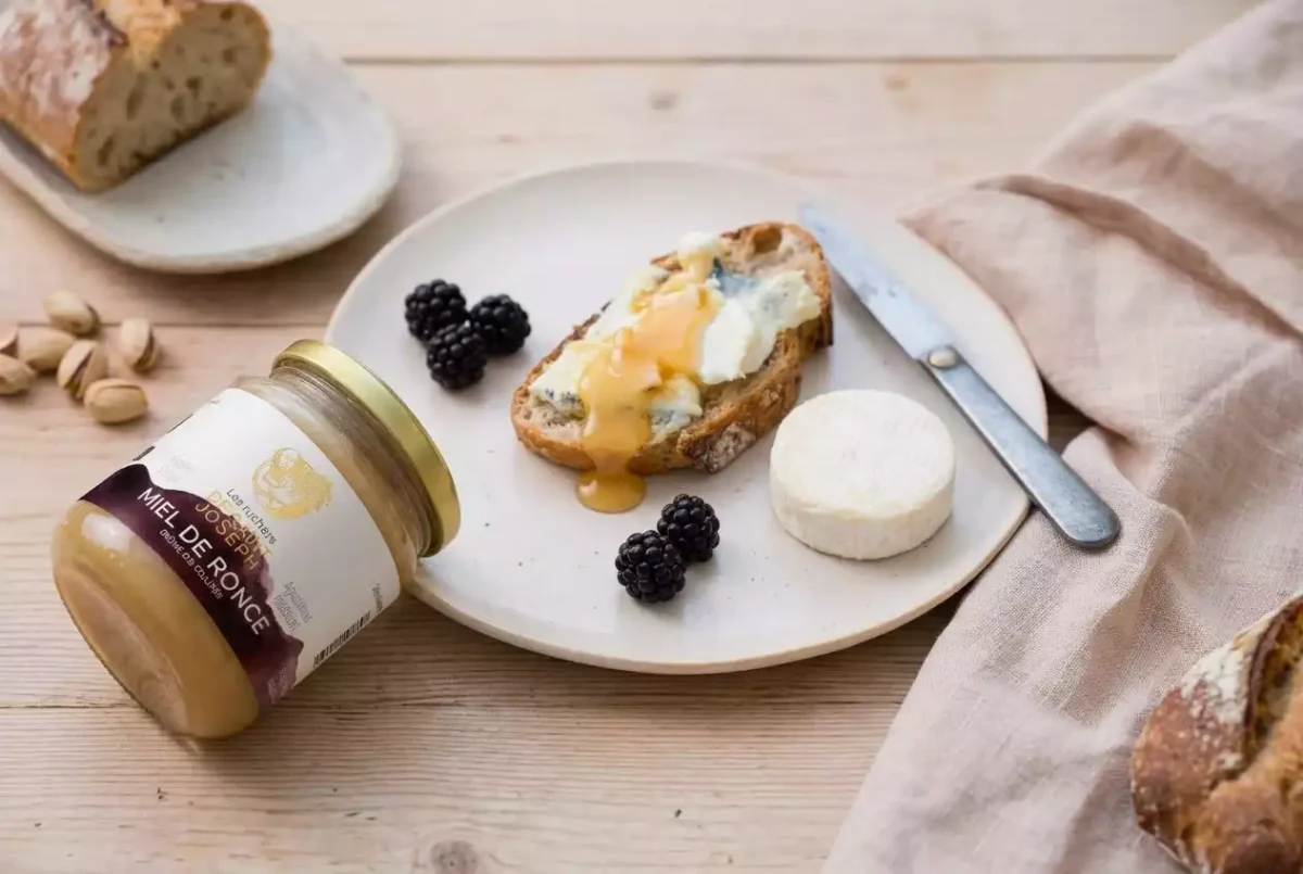 Tartine de fromage nappe de miel de ronce bio avec un pot Les Ruchers de Saint-Joseph et des mûres sauvages.