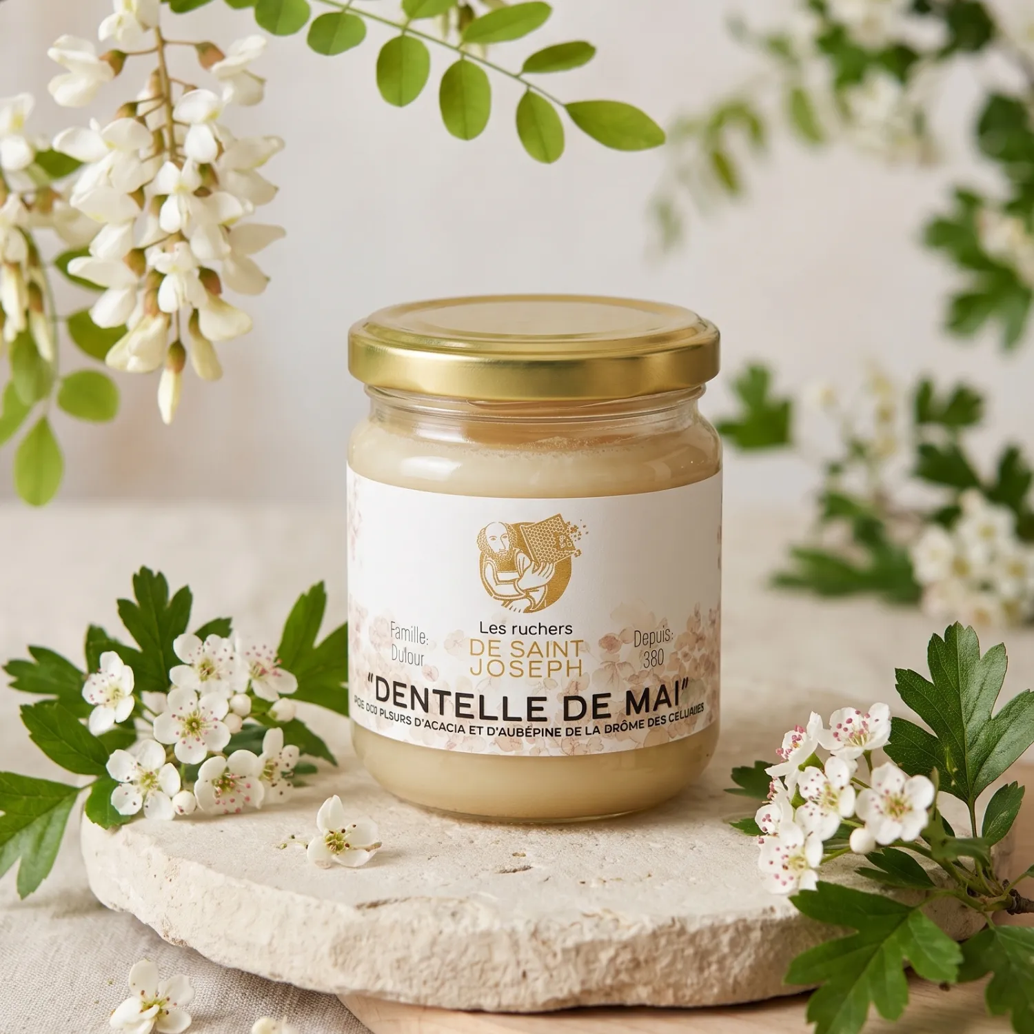 Pot de miel "Dentelle de Mai" des Ruchers de Saint-Joseph posé sur une pierre, entouré de branches et de fleurs fraîches d'acacia et d'aubépine.
