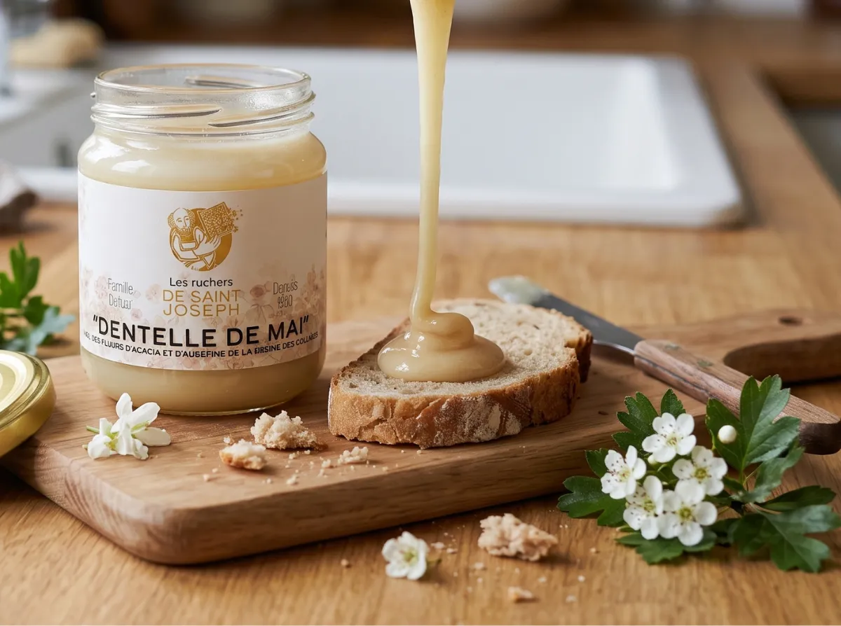 Délicieux miel d'acacia et d'aubépine "Dentelle de Mai" des Ruchers de Saint-Joseph coulant généreusement sur une tartine de pain rustique posée sur une planche en bois.