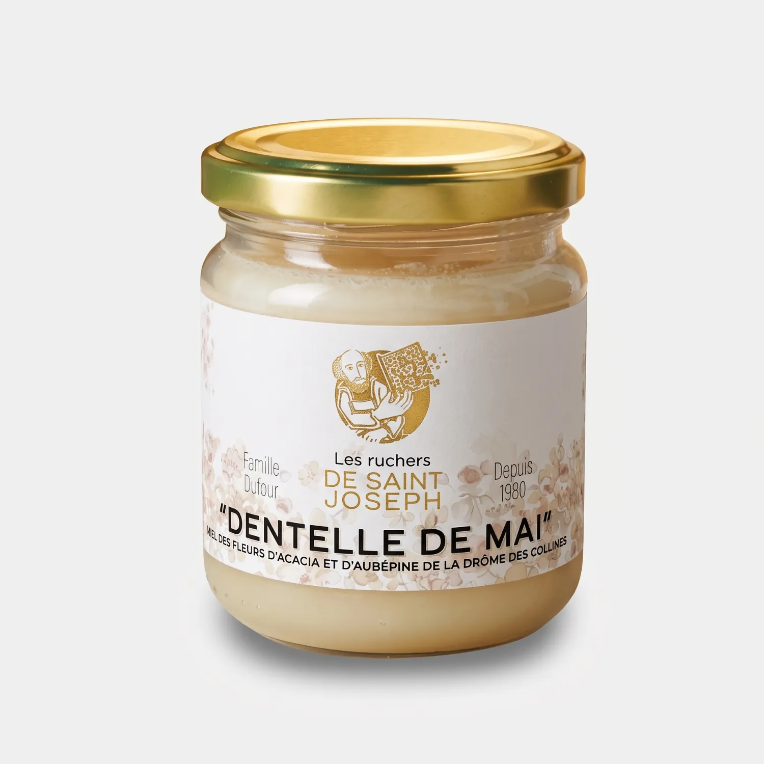 Pot de miel d'acacia et d'aubépine "Dentelle de Mai", produit artisanalement par Les Ruchers de Saint-Joseph dans la Drôme des Collines.