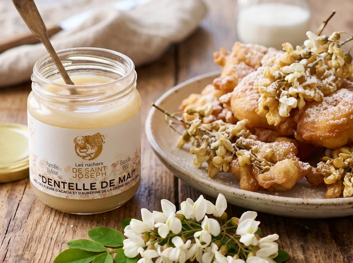 Pot de miel d'acacia et d'aubépine "Dentelle de Mai" des Ruchers de Saint-Joseph présenté aux côtés d'une assiette de beignets de fleurs d'acacia saupoudrés de sucre.