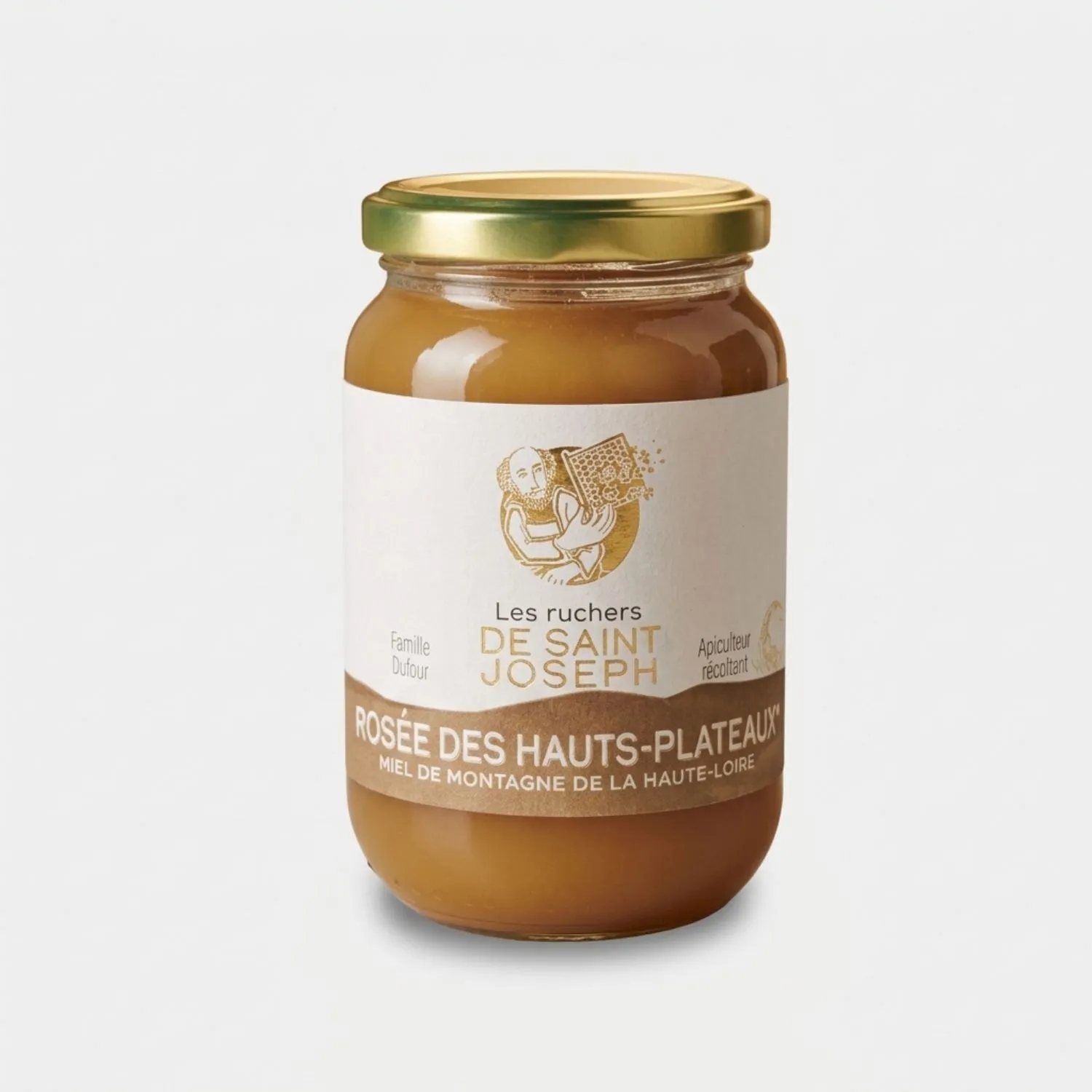 Pot de miel Rosée des Hauts-Plateaux (500g) Les Ruchers de Saint Joseph. Miel de montagne bio des hauts plateaux de Haute-Loire, crémeux et couleur caramel clair.