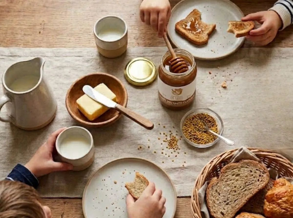 Petit-déjeuner en famille : des enfants tartinent du miel de montagne bio Rosée des Hauts-Plateaux sur du pain grillé, avec du beurre, du lait, du pain de campagne et un bol de pollen.