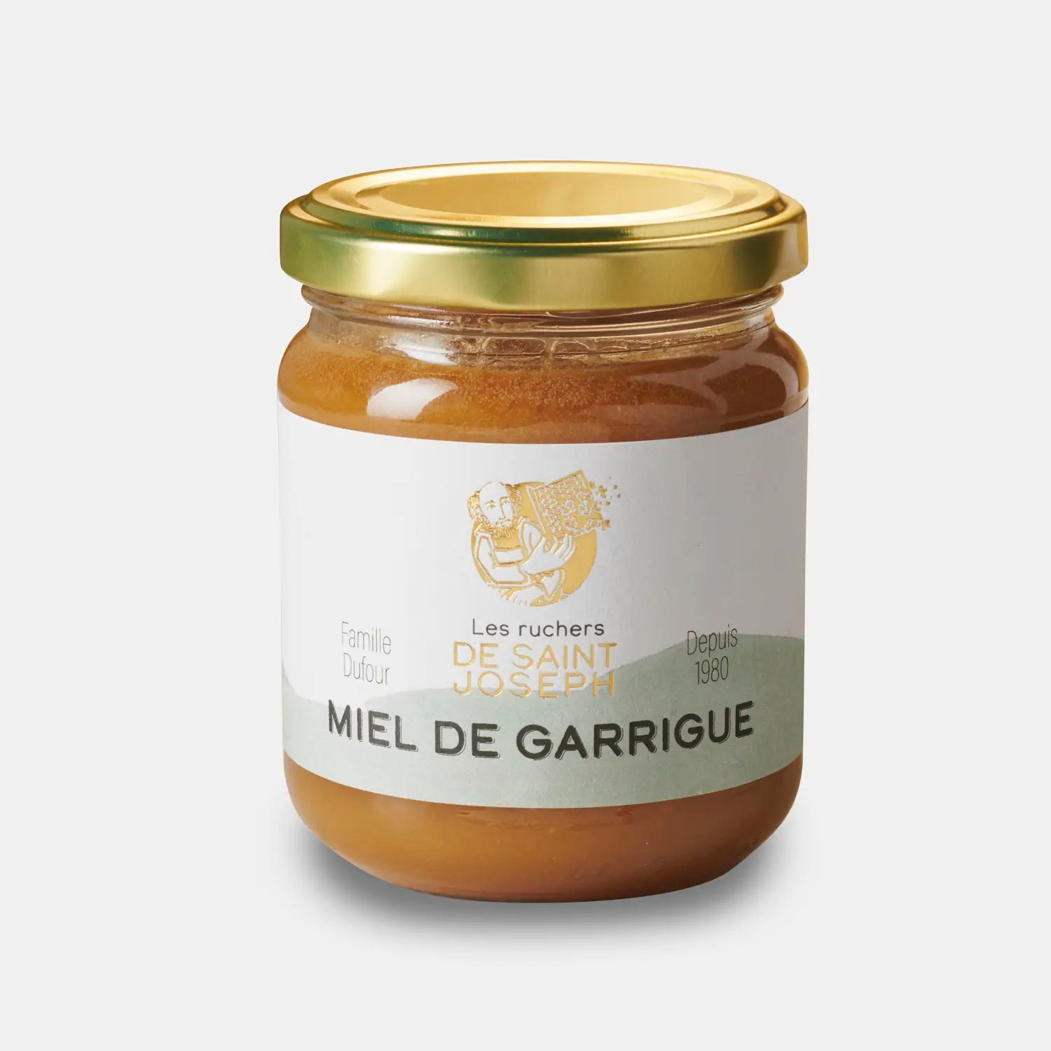 Pot de 250g de miel de Garrigue, Les Ruchers de Saint Joseph. Miel artisanal.