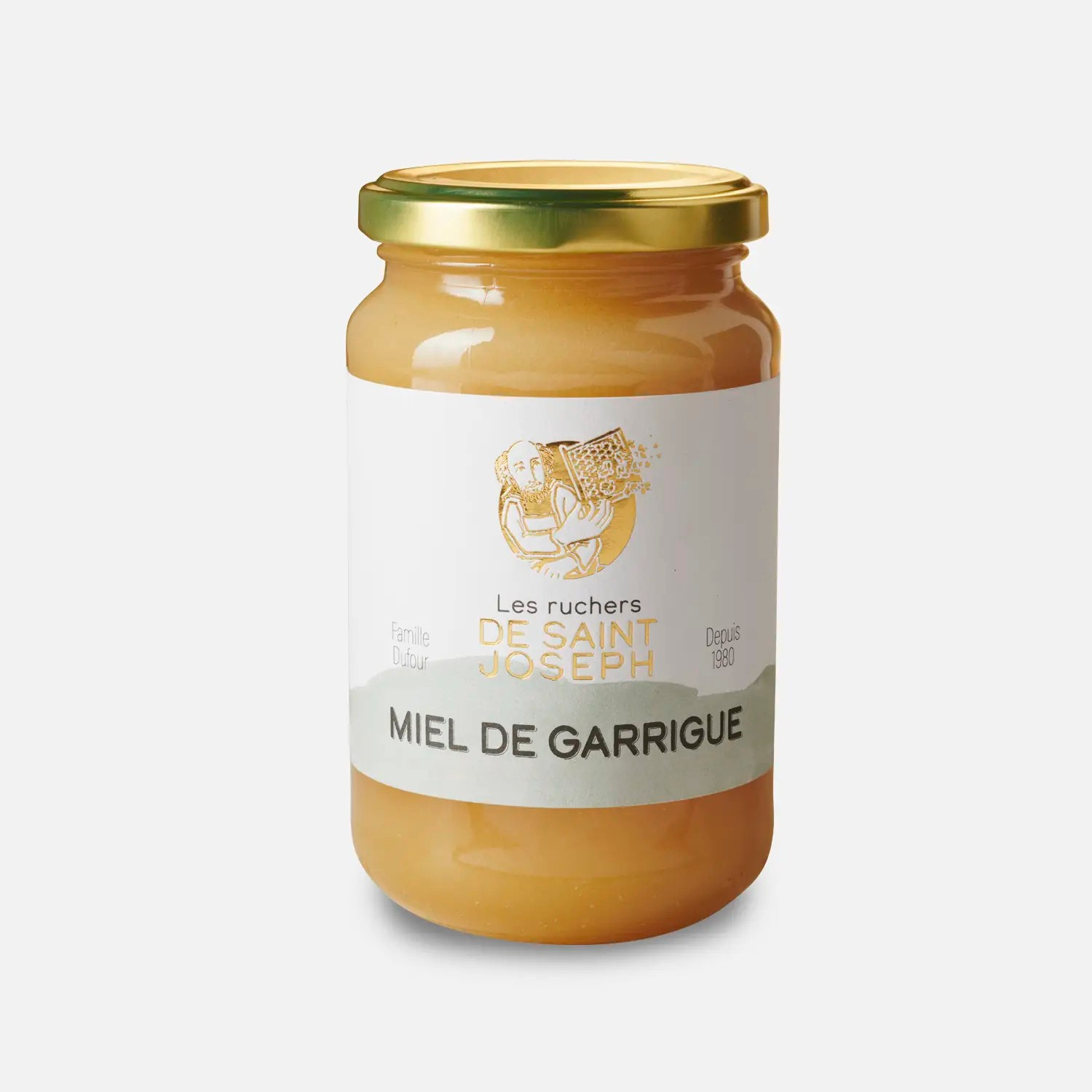 Pot de 500g de miel de Garrigue, Les Ruchers de Saint Joseph. Miel onctueux.
