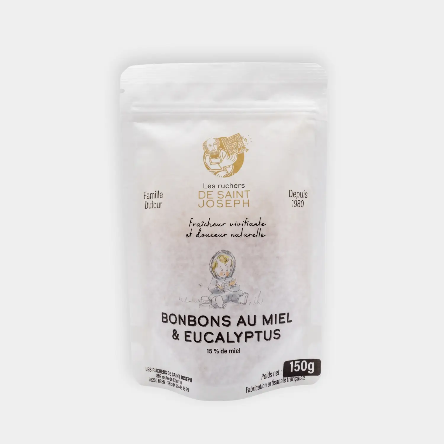 Sachet de bonbons artisanaux au miel et eucalyptus (150g) des Ruchers de St Joseph.