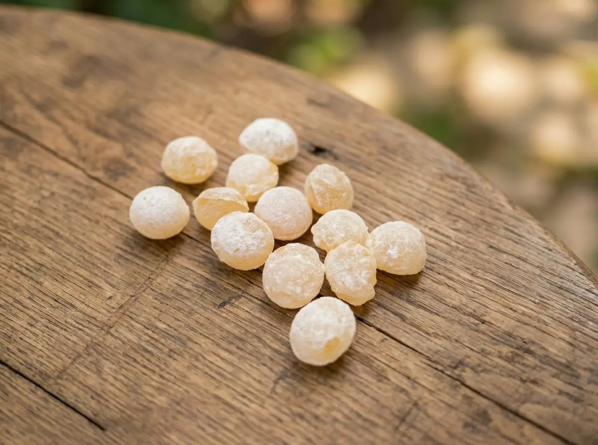 Gros plan sur les bonbons artisanaux au miel et eucalyptus à la forme ronde traditionnelle.