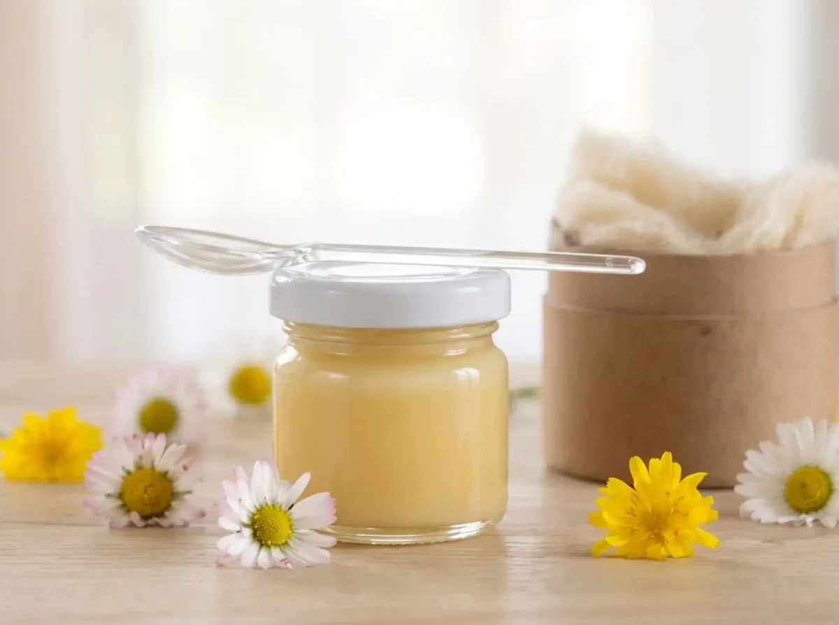 Petit pot de gelée royale pure avec sa cuillère doseuse posée sur le couvercle, entouré de fleurs fraîches.