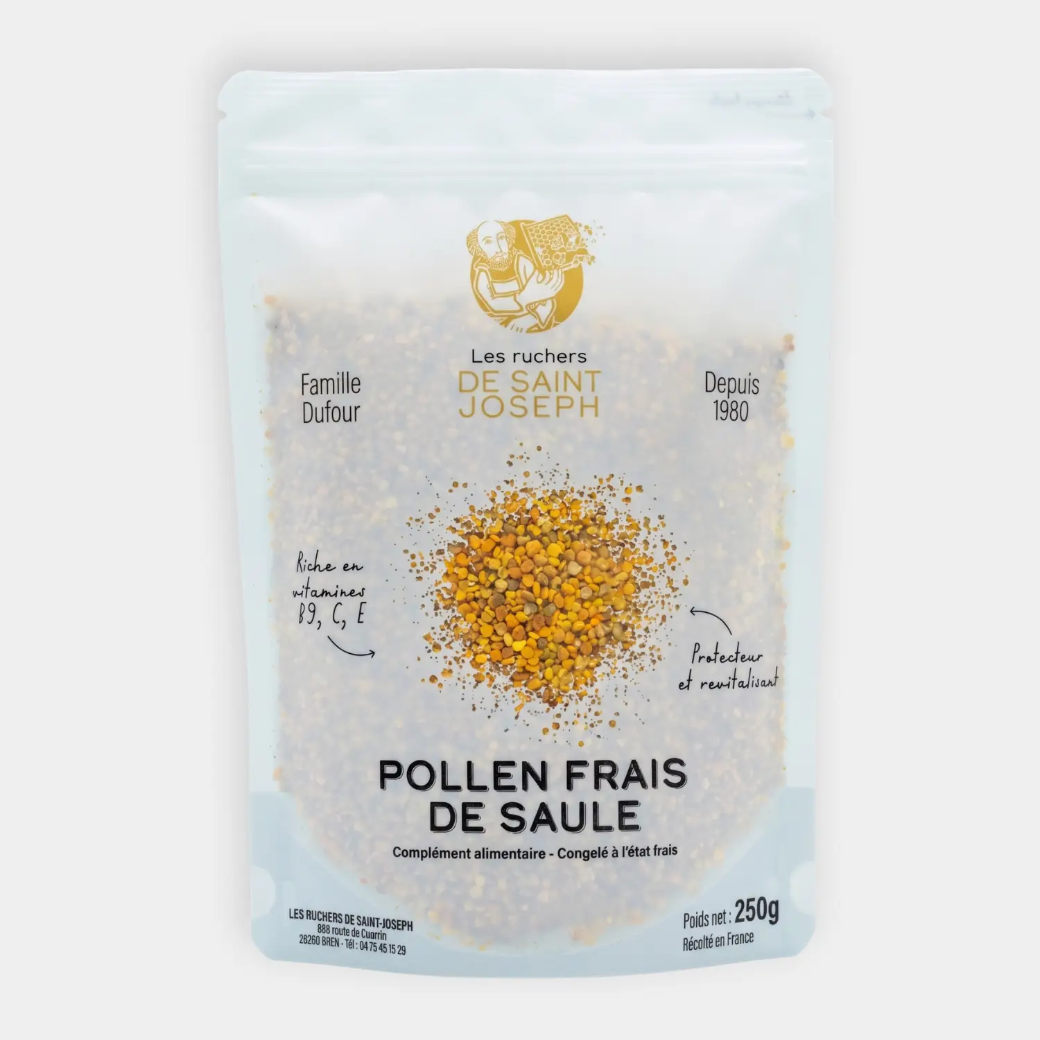 Sachet de 250g de Pollen Frais de Saule Les Ruchers de Saint Joseph, riche en vitamines B9, C et E. Récolté en France et conservé par congélation à l'état frais.