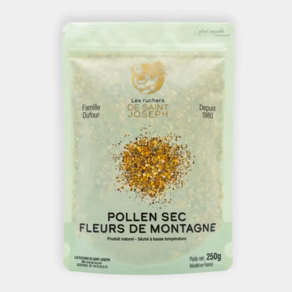 Sachet de 250g de Pollen Sec Fleurs de Montagne Les Ruchers de Saint Joseph. Produit naturel récolté en France et séché à basse température pour préserver ses nutriments.