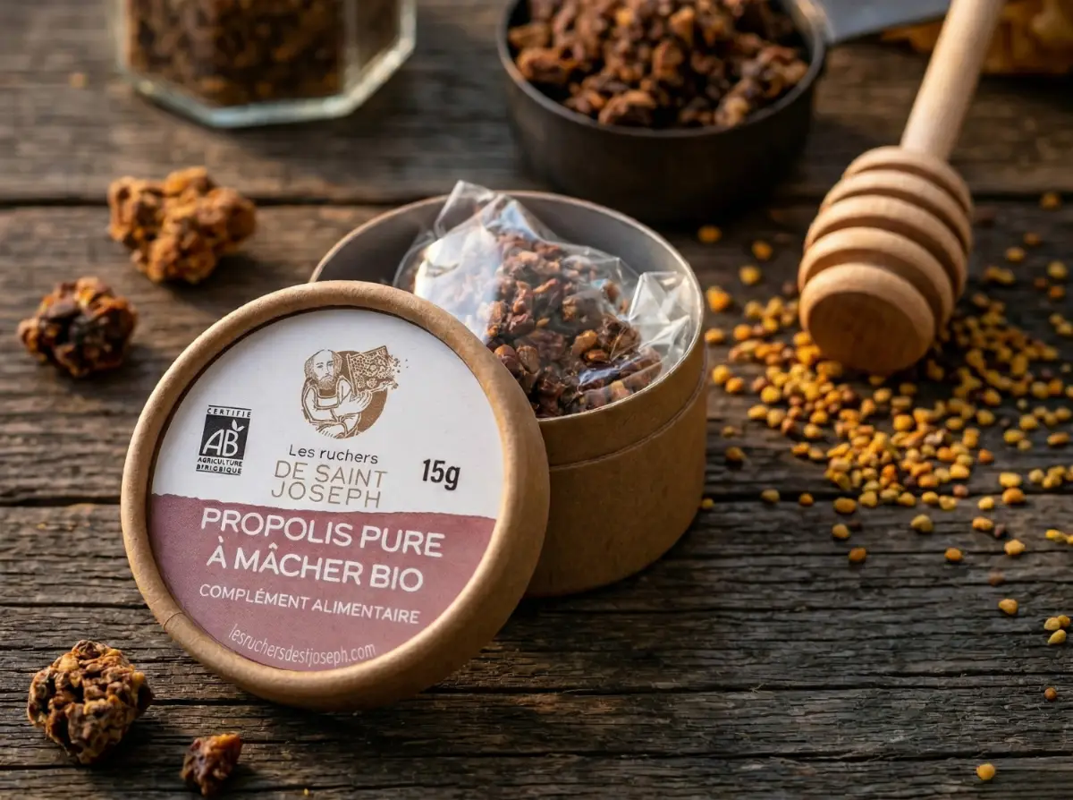 Boîte ronde en carton de 15g de Propolis Pure à Mâcher certifiée Bio par Les Ruchers de Saint Joseph