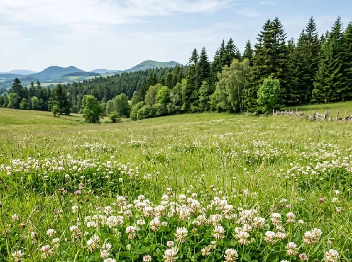 Prairie de trèfle blanc en fleurs à la lisière d'une forêt de sapins, sur les hauts plateaux de Haute-Loire, où butinent les abeilles du miel de montagne bio Rosée des Hauts-Plateaux.